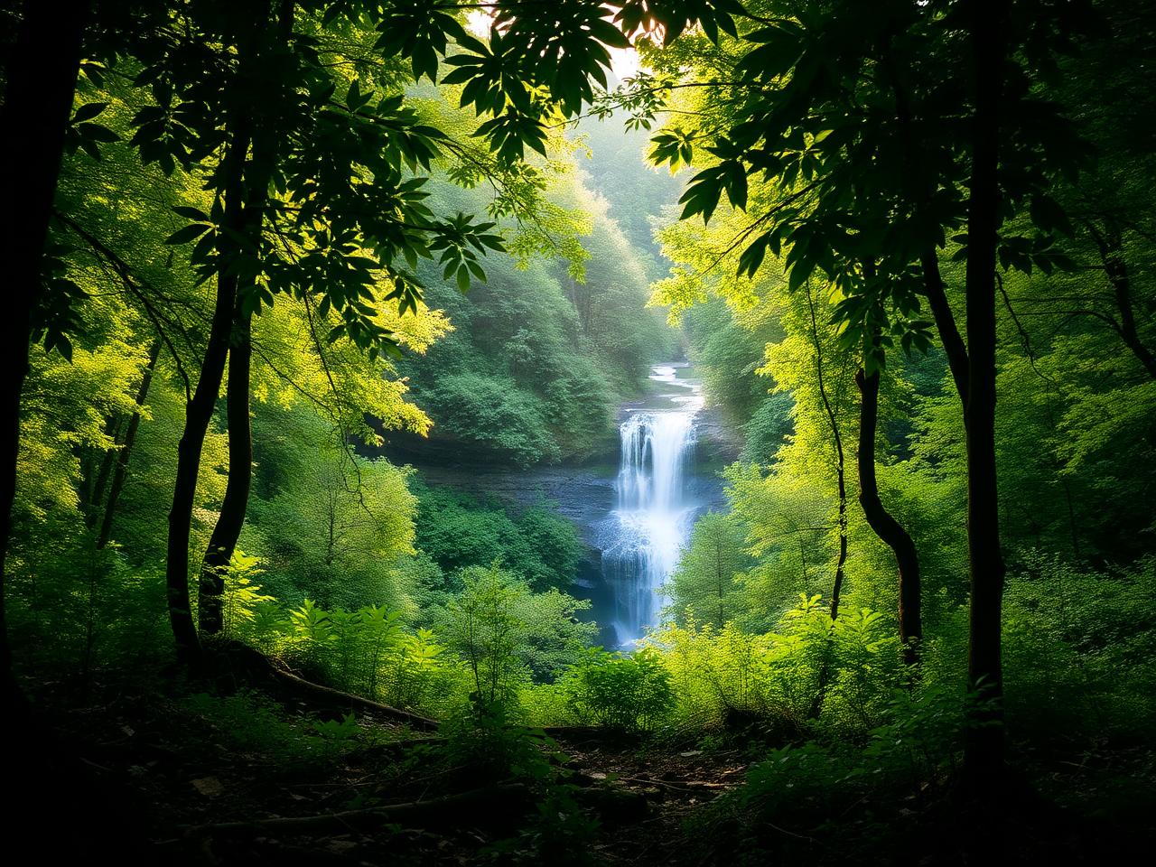 A peaceful forest waterfall